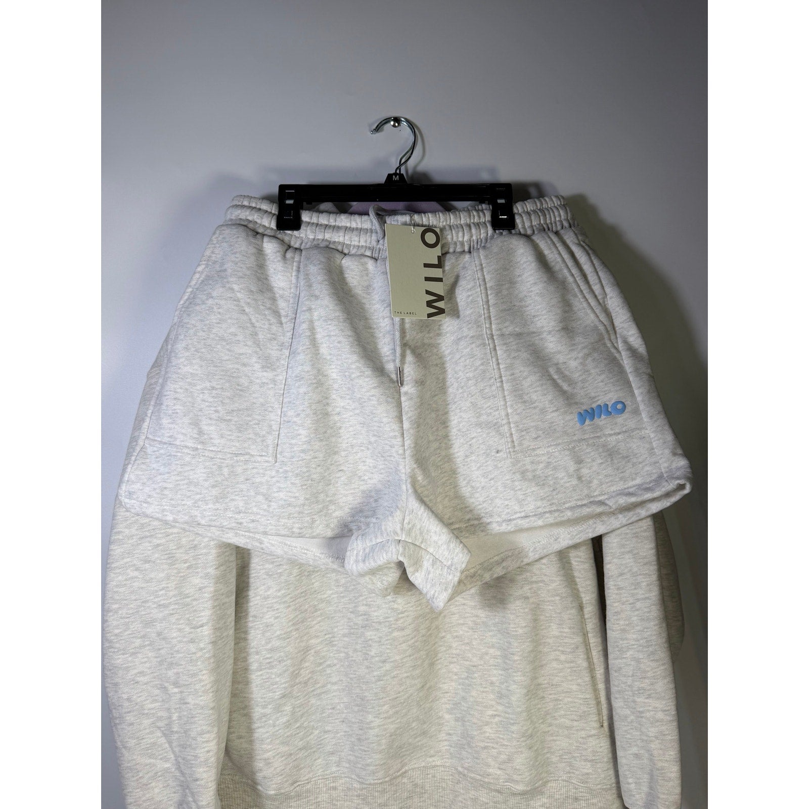 WILO The Label Women’s 2-Piece Hoodie Shorts Set White Marle Blue L NWT