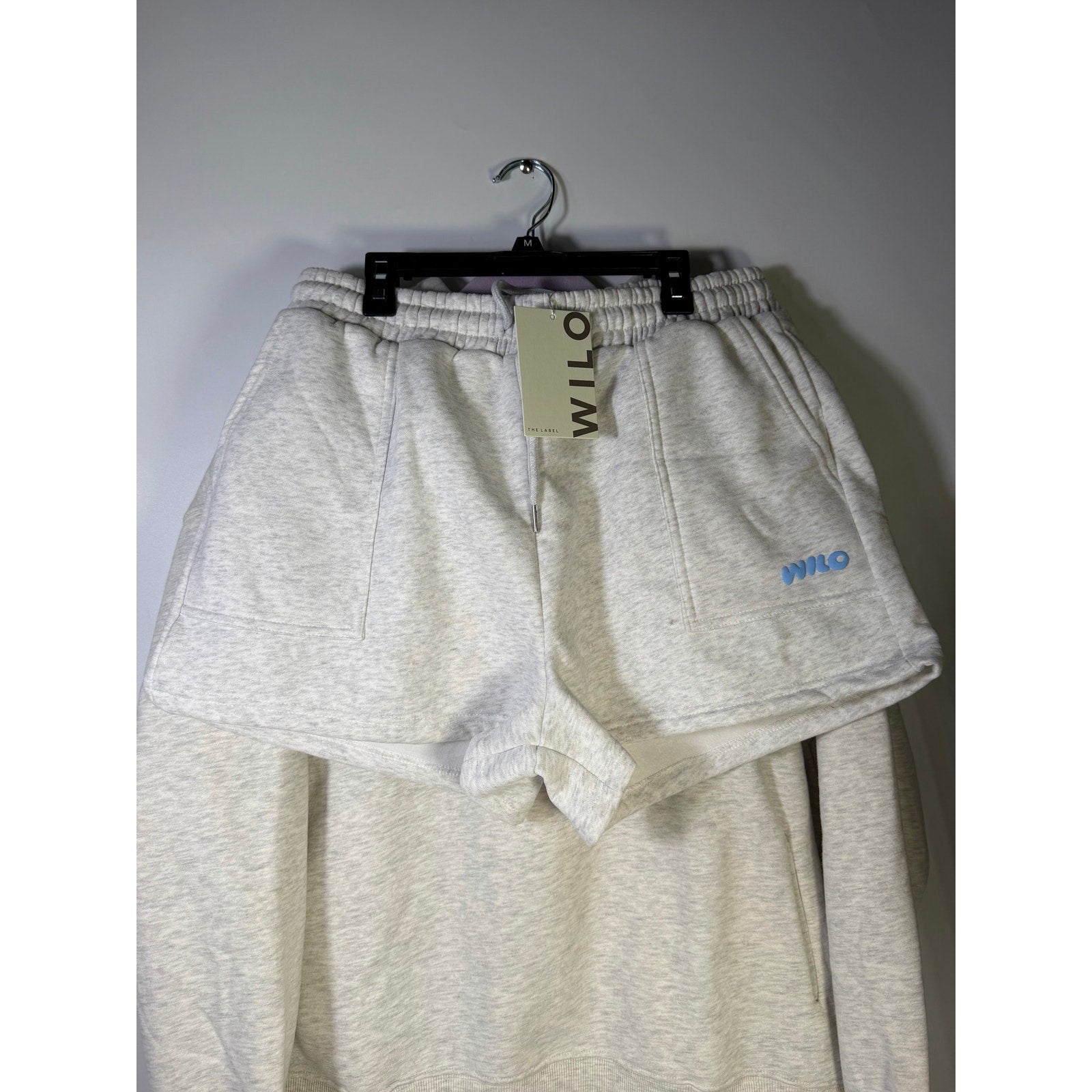 WILO The Label Women’s 2-Piece Hoodie Shorts Set White Marle Blue L NWT