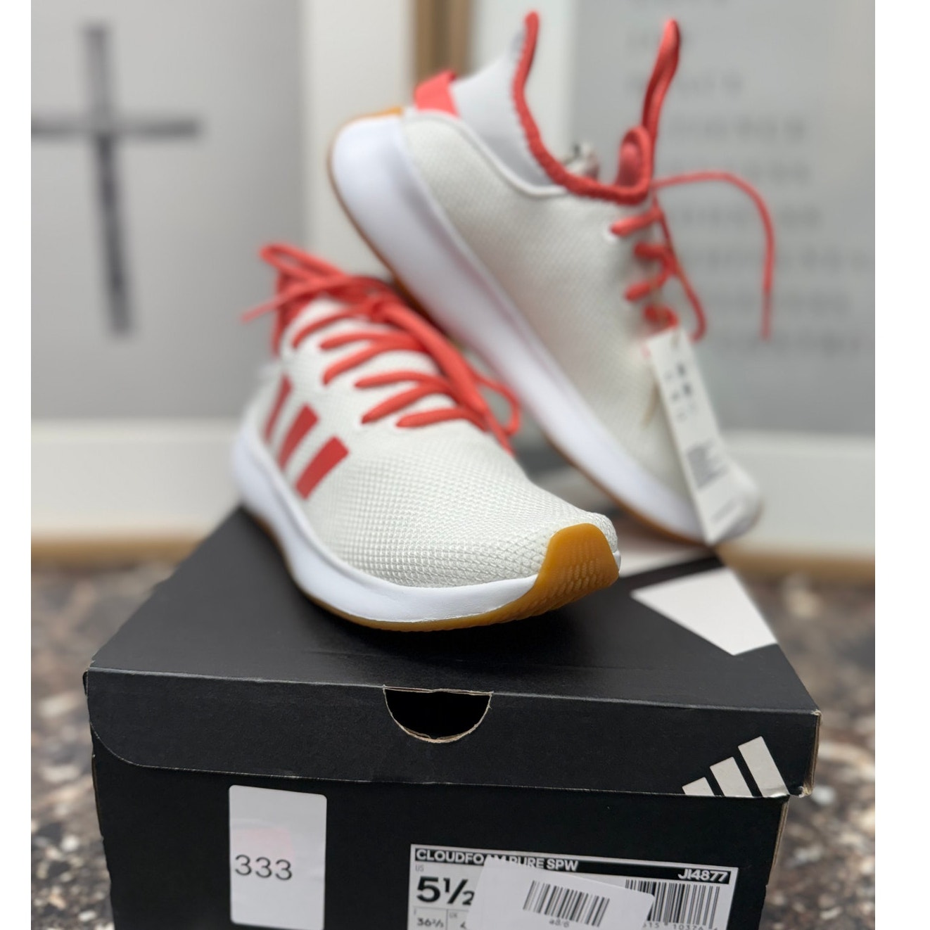 Adidas Cloudfoam Pure SPW women's sneakers in size 5.5, new in box, featuring a sleek design and comfortable fit.