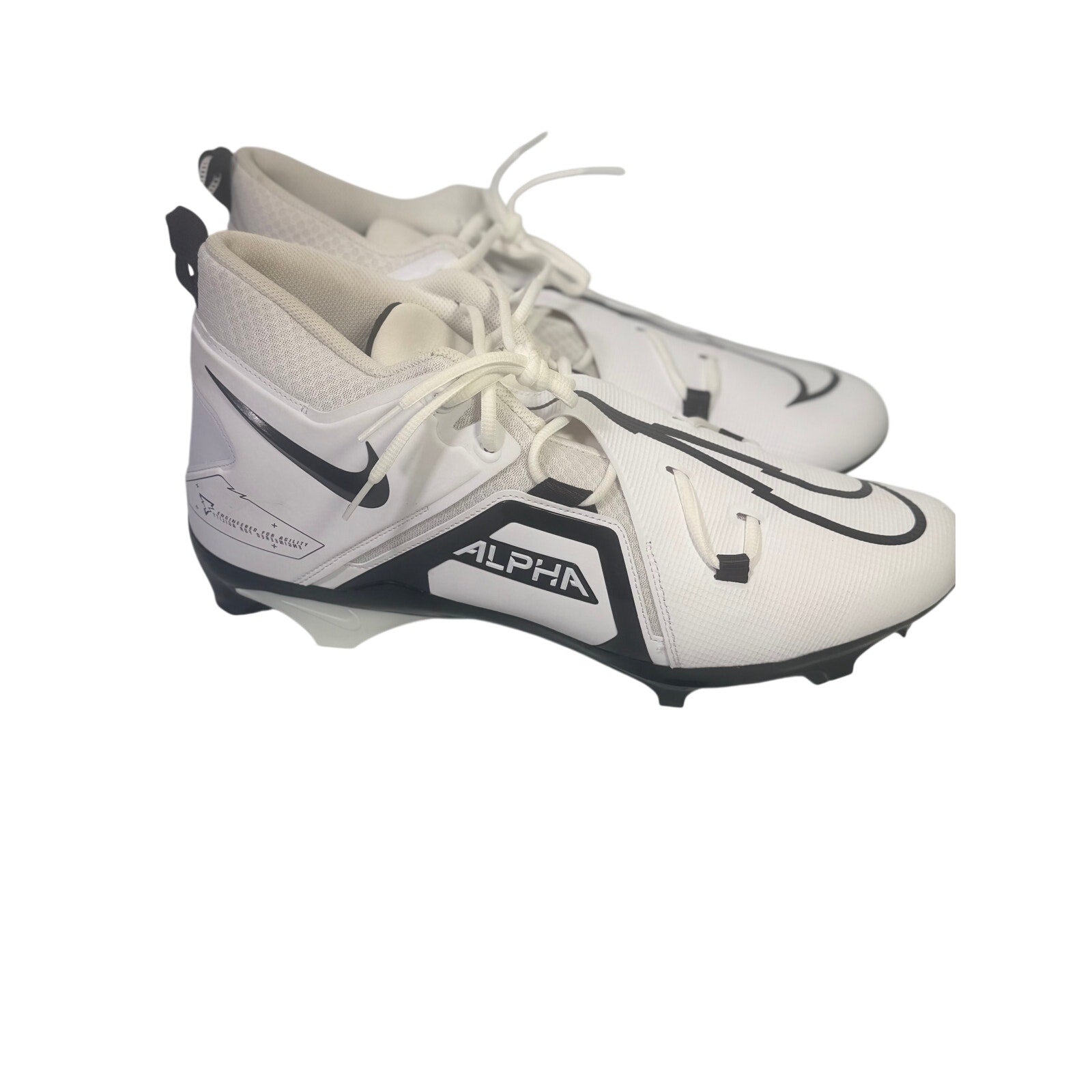 Nike Alpha men’s football cleats in white and black, size 17, with Nike branding and cleat studs visible.