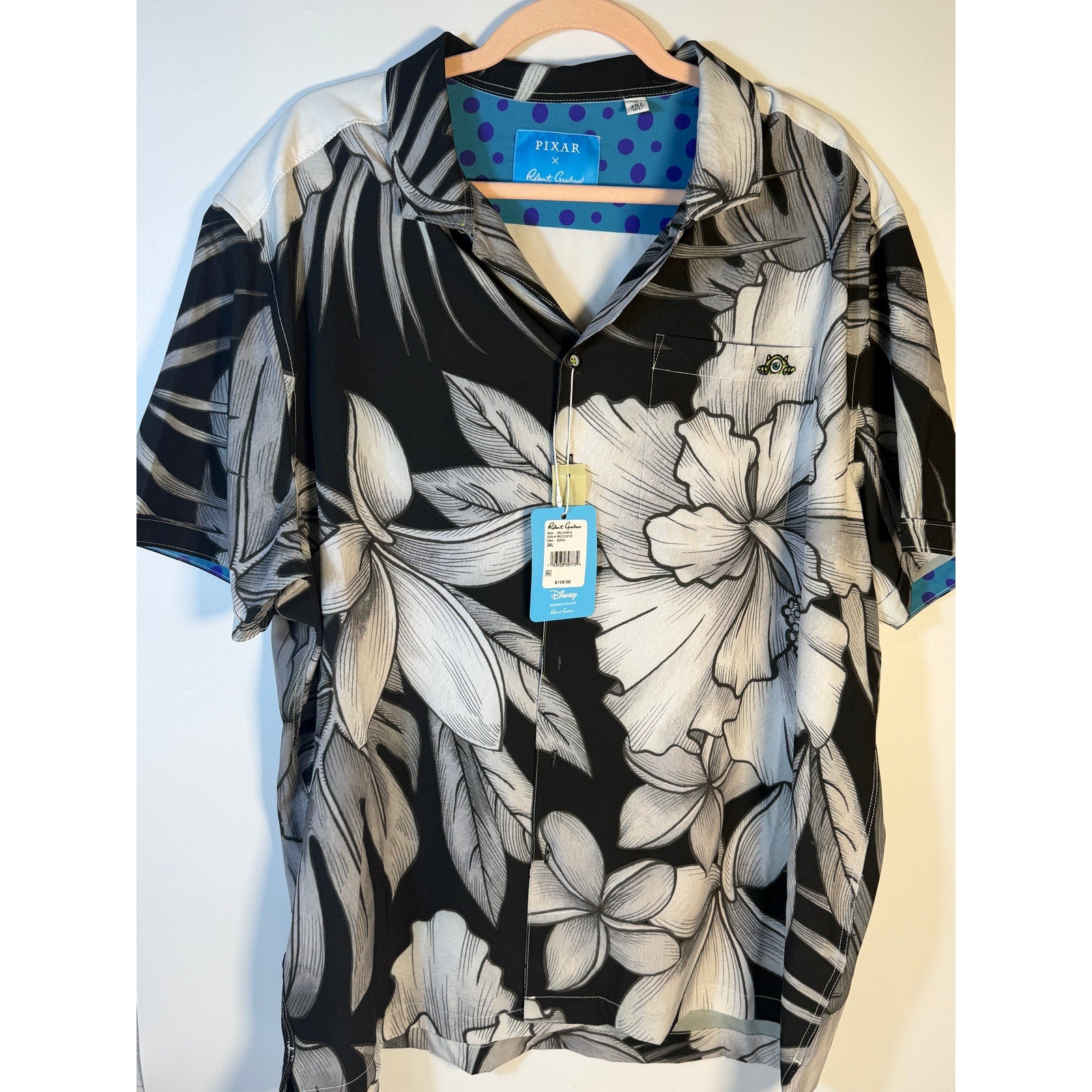 Robert Graham Pixar Hello Boys Hawaiian Shirt 3XL Black Floral NWT Disney