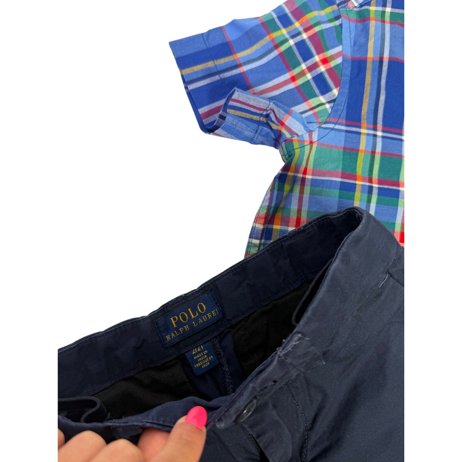 Polo Ralph Lauren Boys Plaid Shirt Size 2T Navy Chino Shorts Size 4T Outfit Set