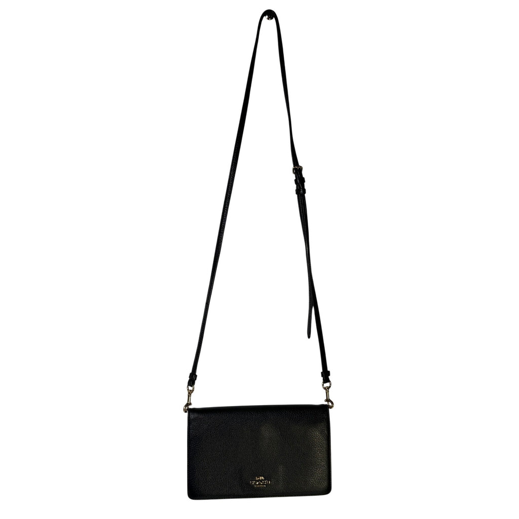 Coach Women’s Black Leather Foldover Crossbody Wallet Bag Adjustable Strap