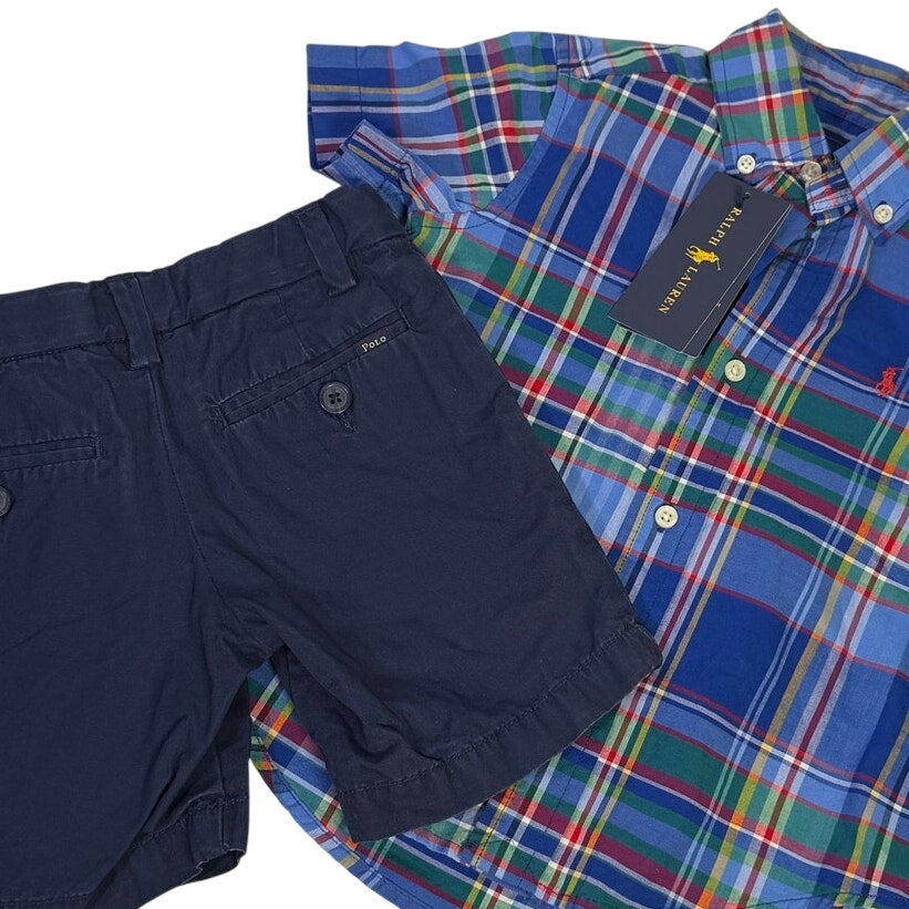 Polo Ralph Lauren Boys Plaid Shirt Size 2T Navy Chino Shorts Size 4T Outfit Set