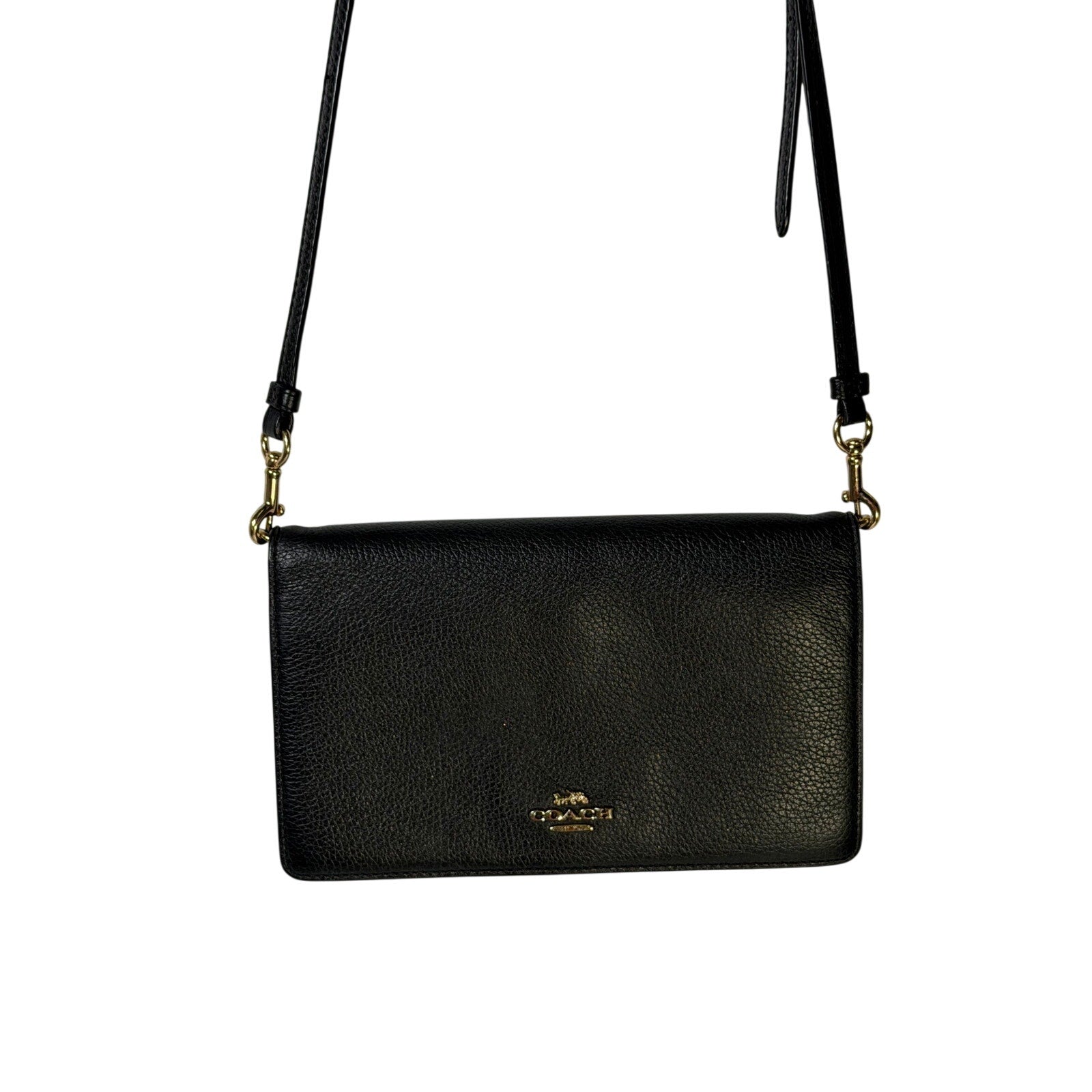 Coach Women’s Black Leather Foldover Crossbody Wallet Bag Adjustable Strap