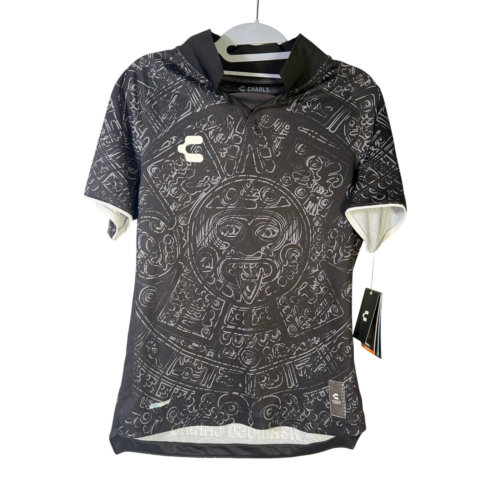 Charly Mexico Heritage SS Soccer Jersey Men's XS Black Aztec Print NWT