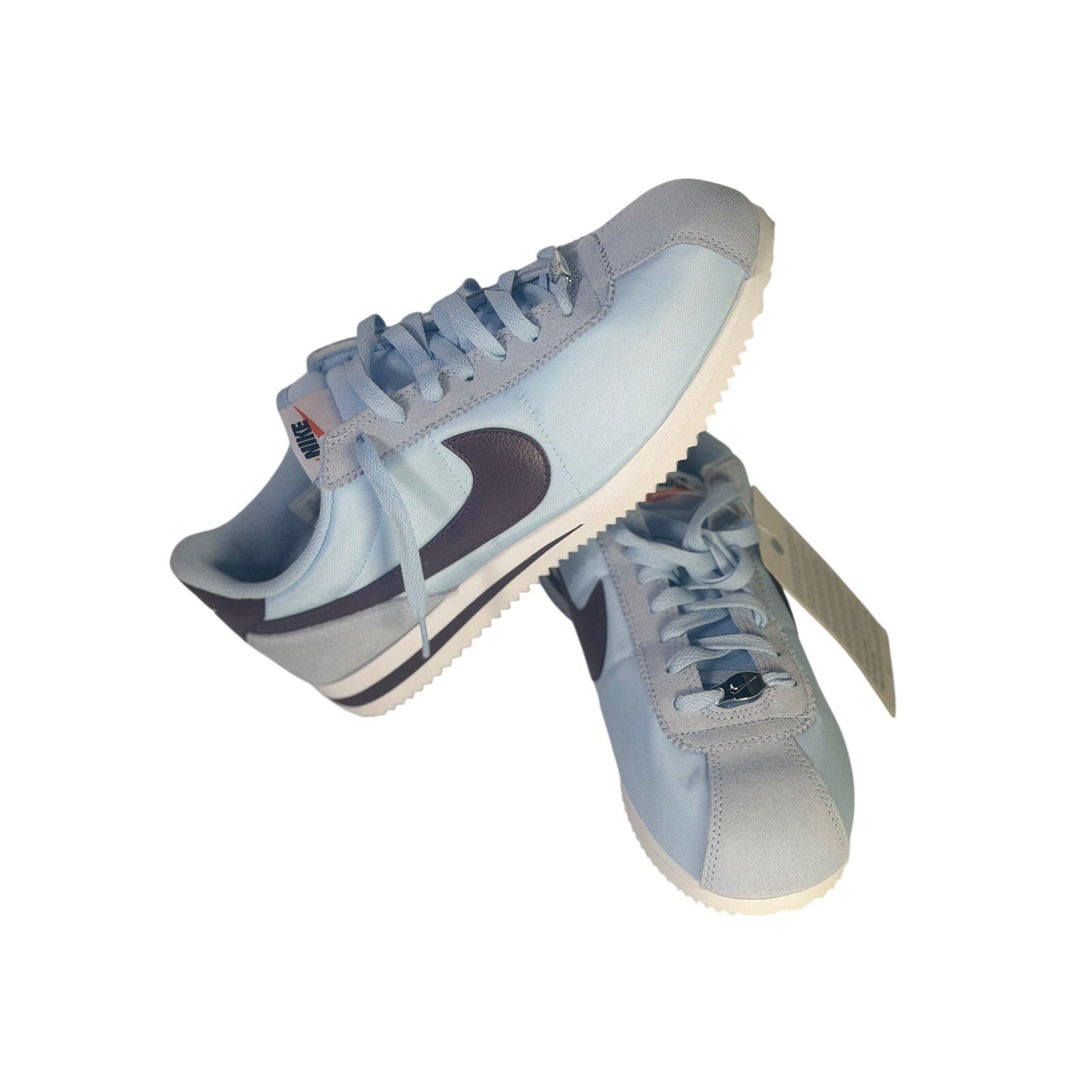 Nike Classic Cortez nylon men's sneakers in light blue and burgundy, size 8.5, featuring a sleek design and durable construction.