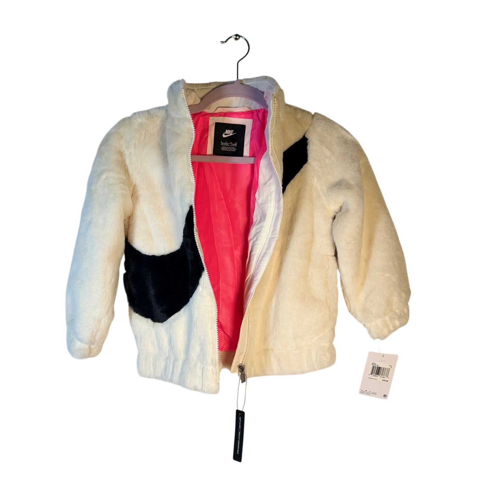 Nike Girls Faux Fur Swoosh Jacket Sail White Size 6 Full Zip NWT