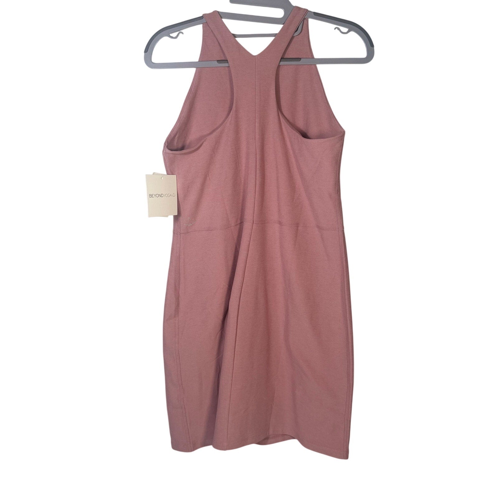 Beyond Yoga women's dusty rose racerback midi tank dress, size M, lightweight and casual, shown on a model.