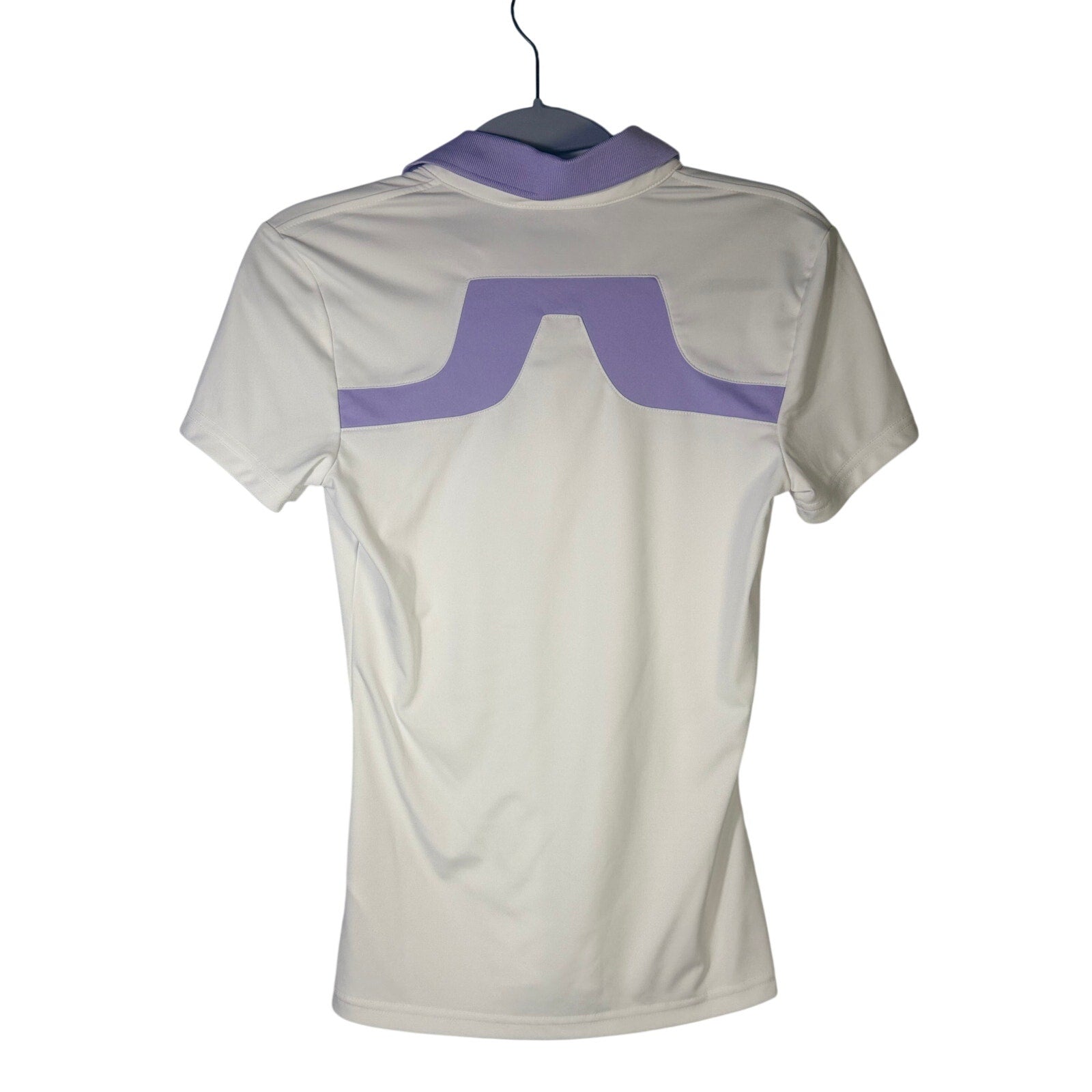 J.Lindeberg women's white and lavender short sleeve golf polo shirt in size XS, featuring a classic fit and breathable fabric.
