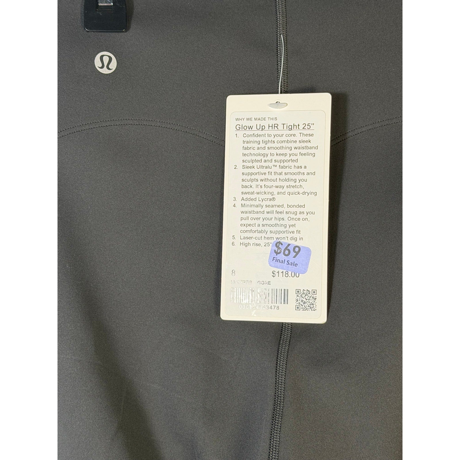 lululemon Glow Up High-Rise Tight 25” Graphite Grey Size 8 NWT