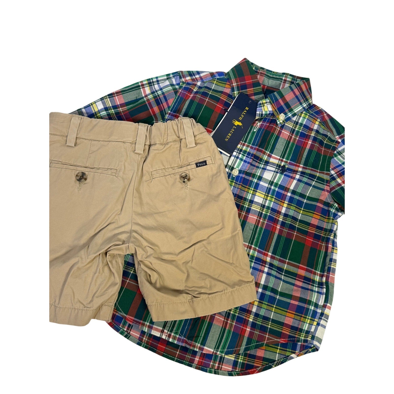 Polo Ralph Lauren Boys Plaid Shirt Khaki Chino Shorts Size 2T Outfit Set
