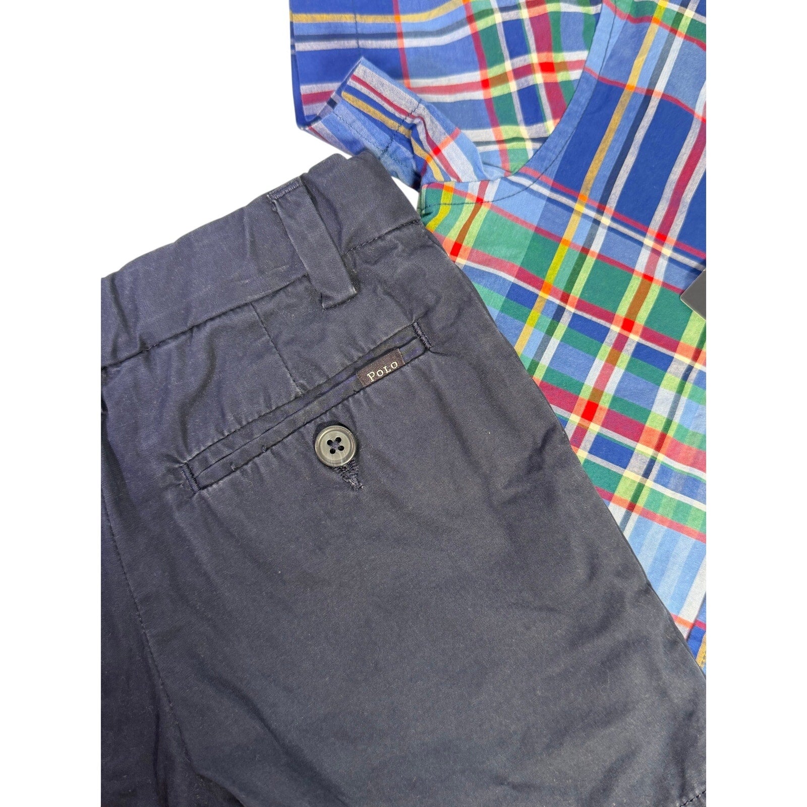 Polo Ralph Lauren Boys Plaid Shirt Size 2T Navy Chino Shorts Size 4T Outfit Set