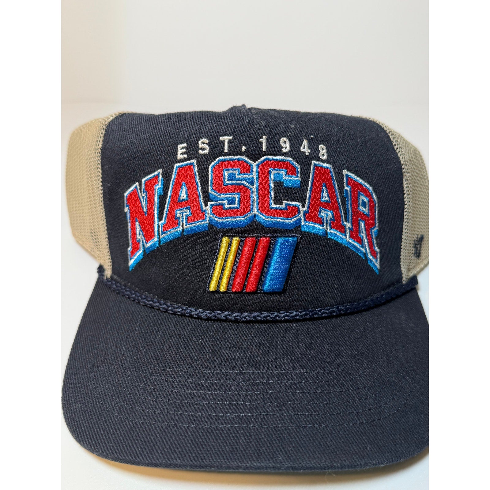 '47 NASCAR EST. 1948 Trucker Snapback Hat Navy/Tan Embroidered One Size NWT