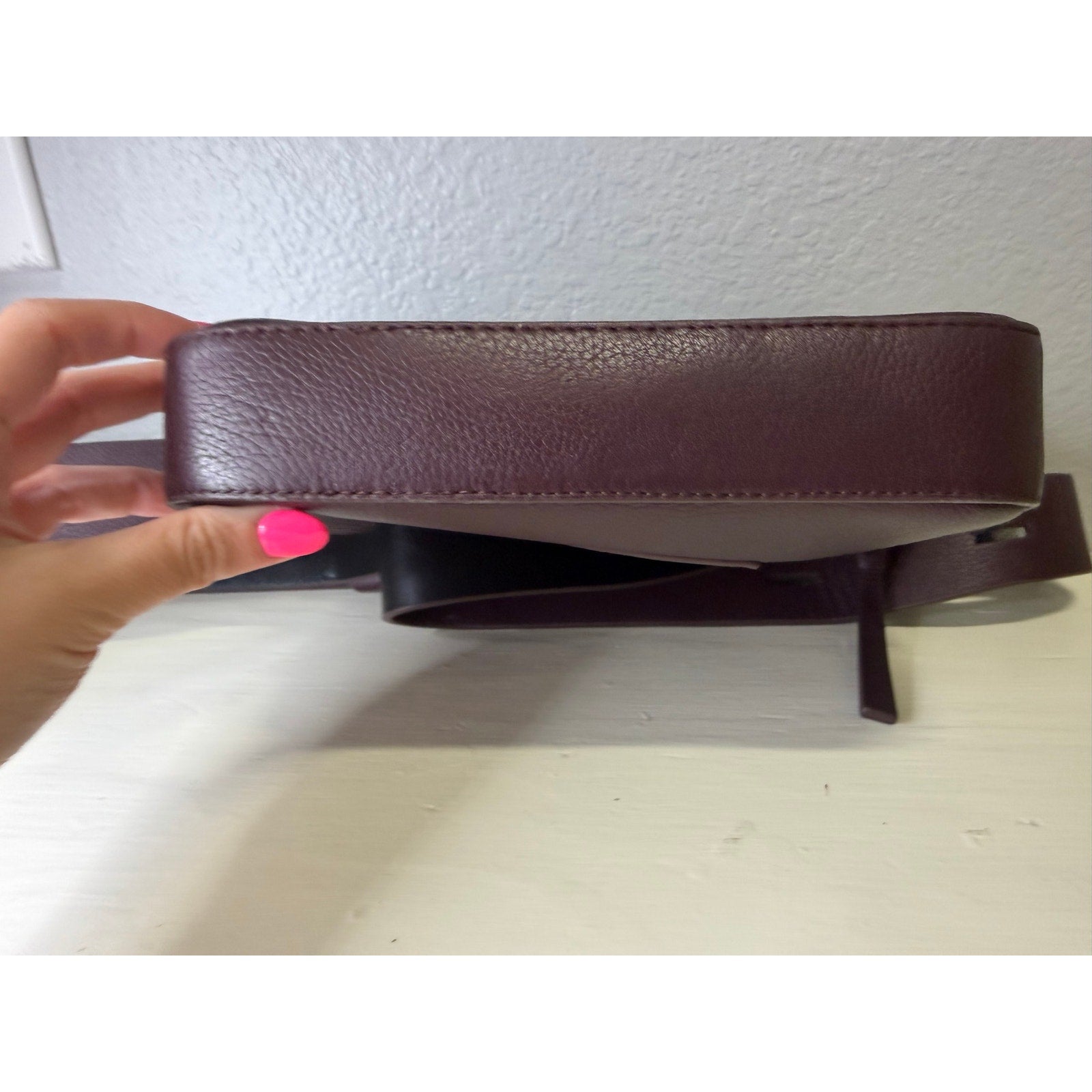 AllSaints Women’s Burgundy Pebbled Leather Camera Crossbody Bag Adjustable Strap