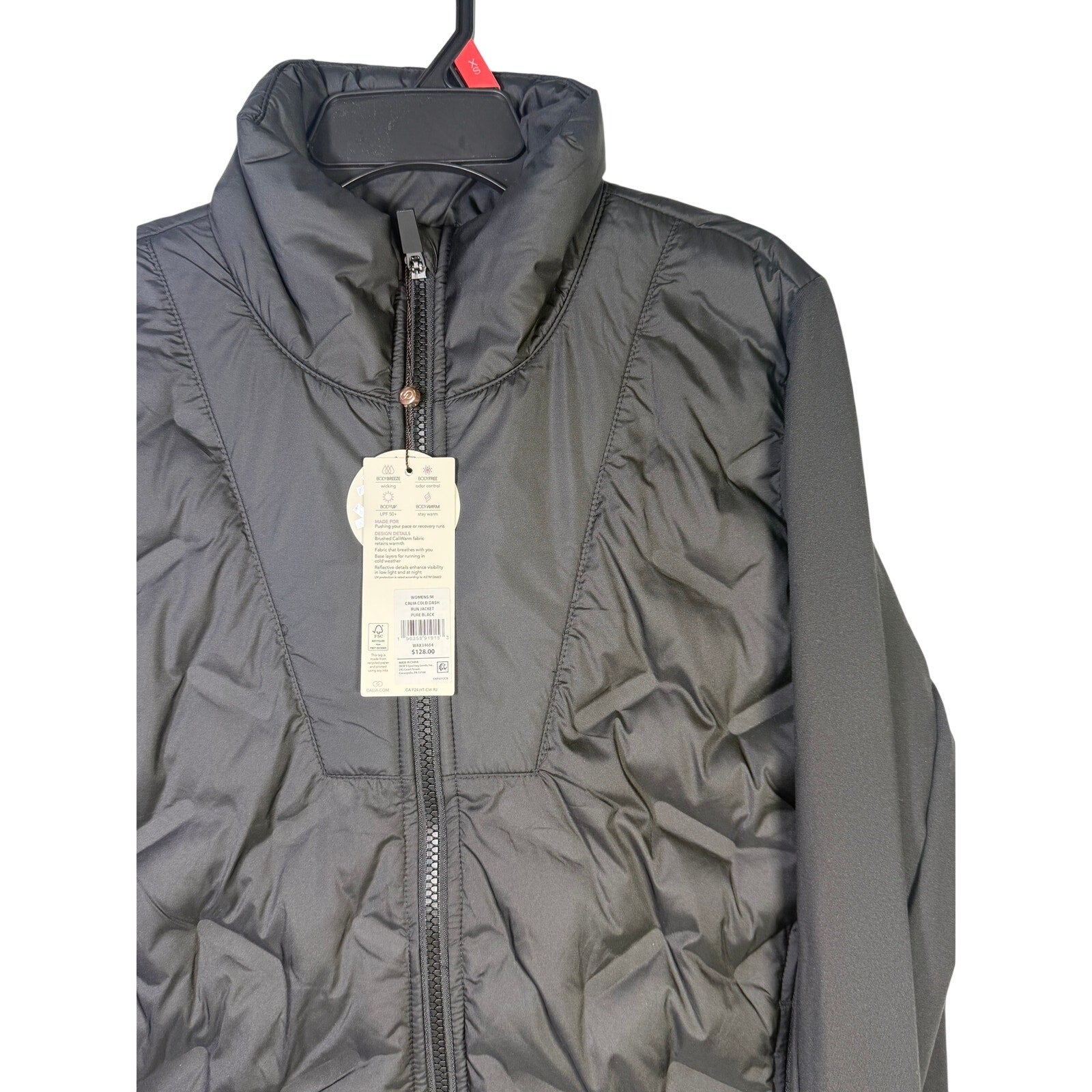 CALIA women's Cold Dash Run Jacket in pure black, size medium, featuring a quilted hybrid design for cold-weather running.