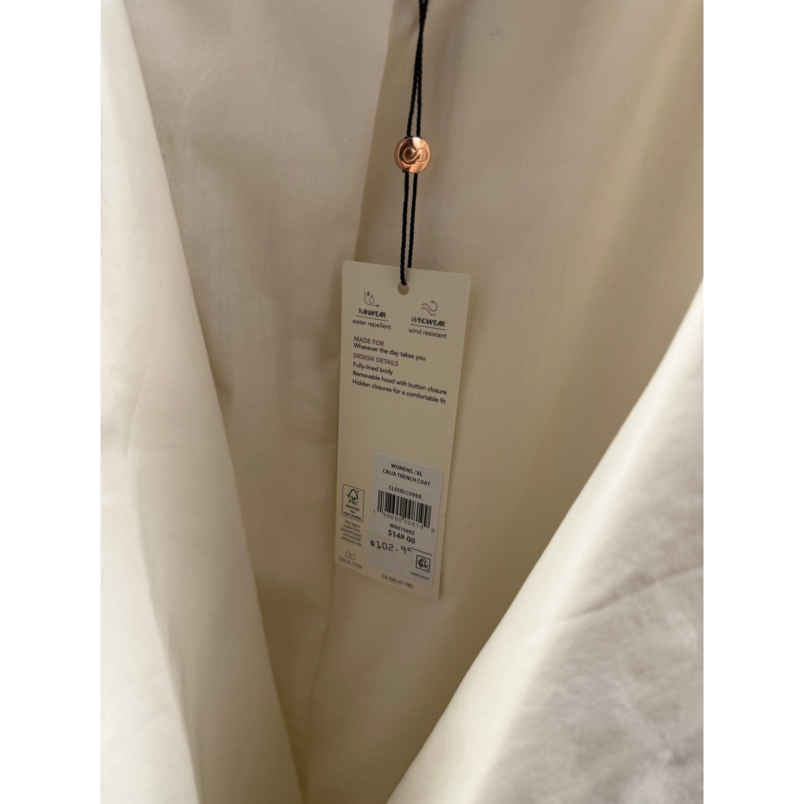 Calia Women's Hooded Trench Coat XL Cream Belted Lightweight Jacket NWT