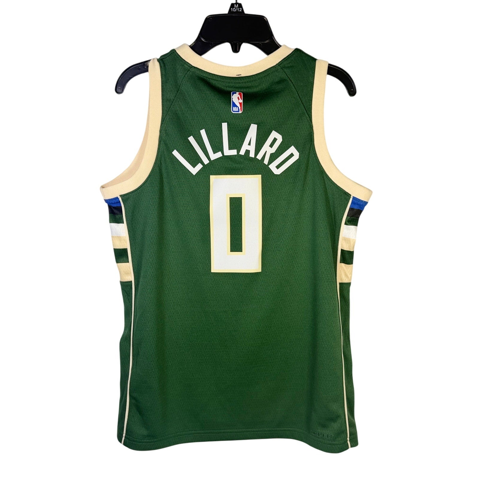 Nike Milwaukee Bucks Damian Lillard #0 youth swingman jersey in green, size M, featuring team logo and player number.