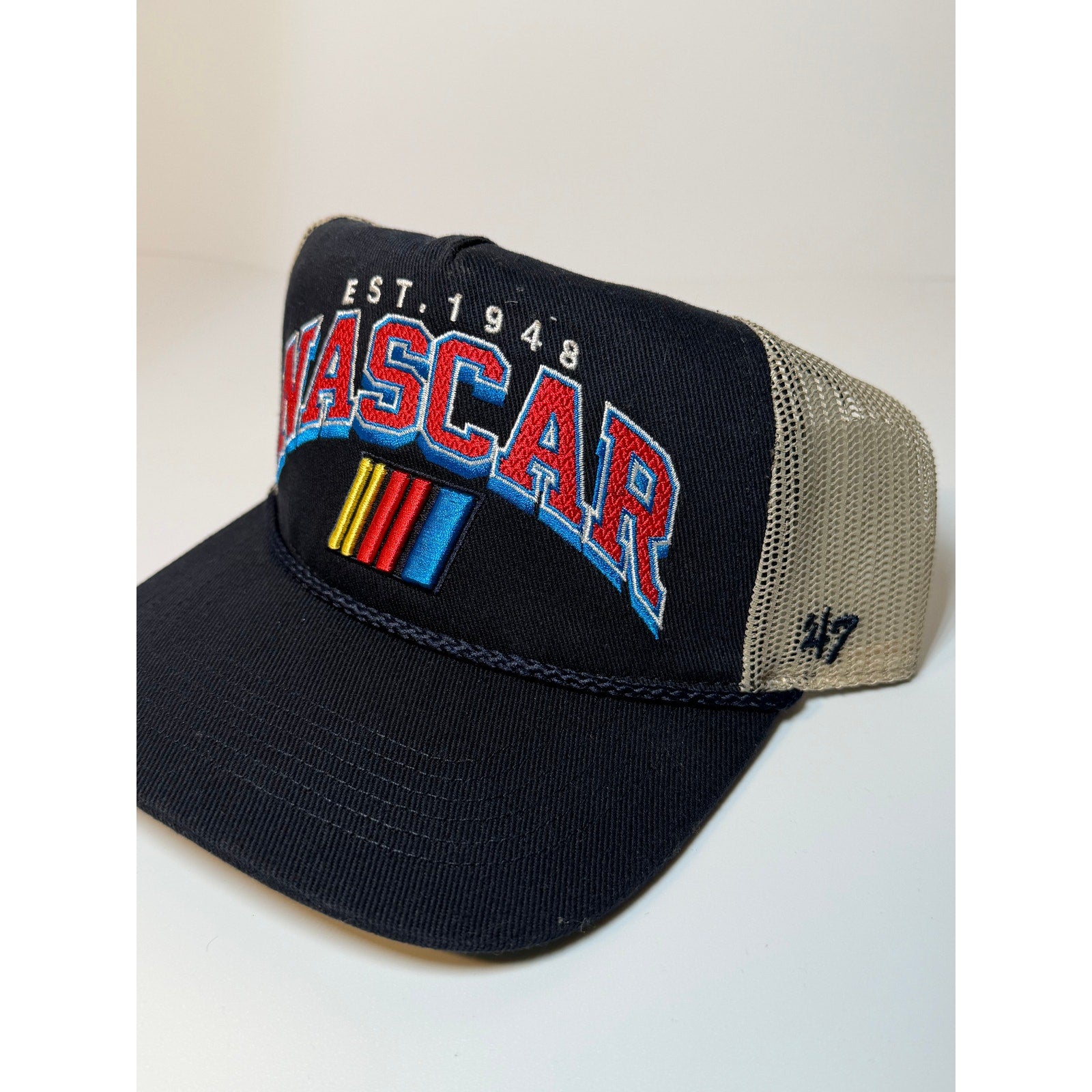 '47 NASCAR EST. 1948 Trucker Snapback Hat Navy/Tan Embroidered One Size NWT