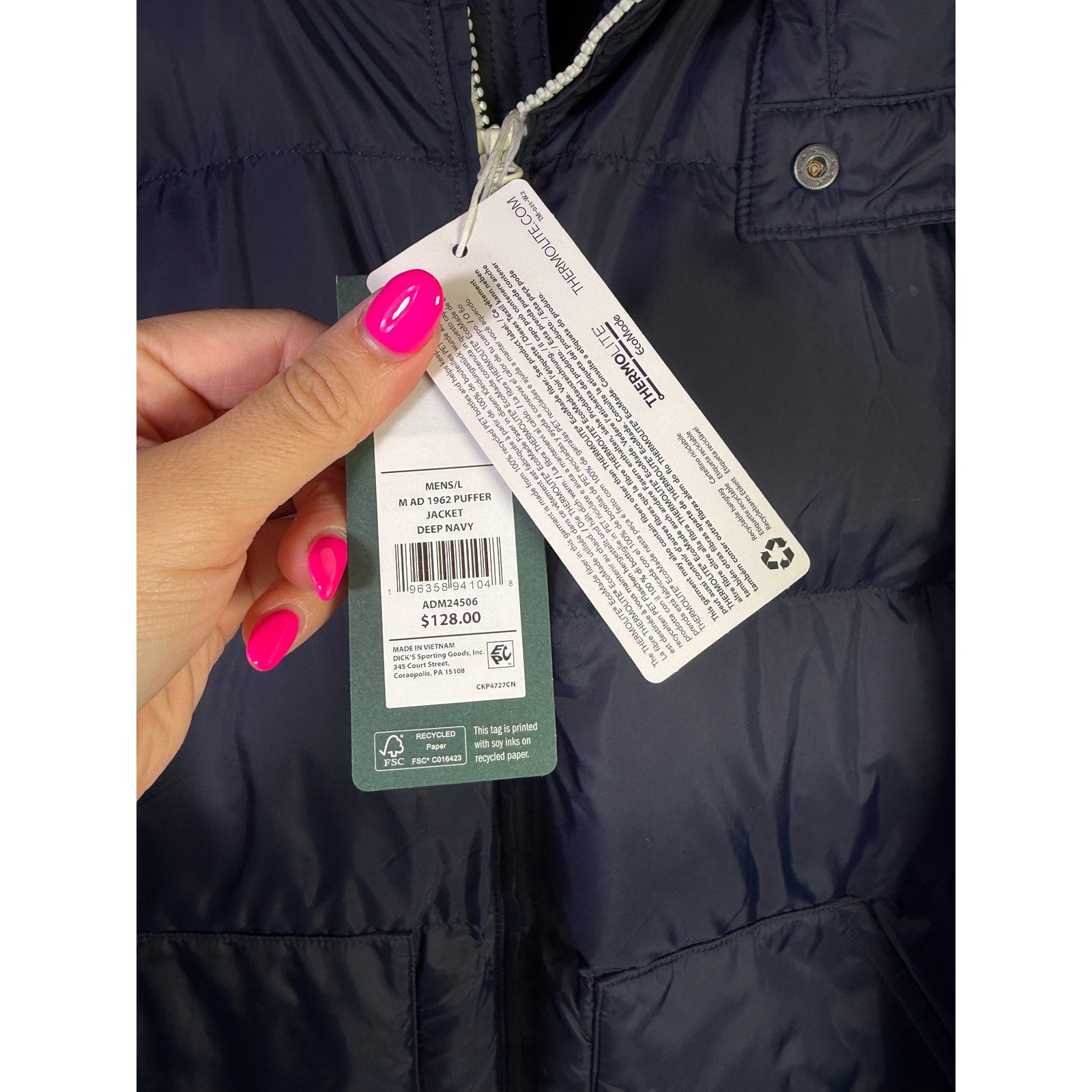 Alpine Design Men’s AD 1962 Hooded Puffer Jacket in deep navy, size large, showing front view with hood and quilted design.