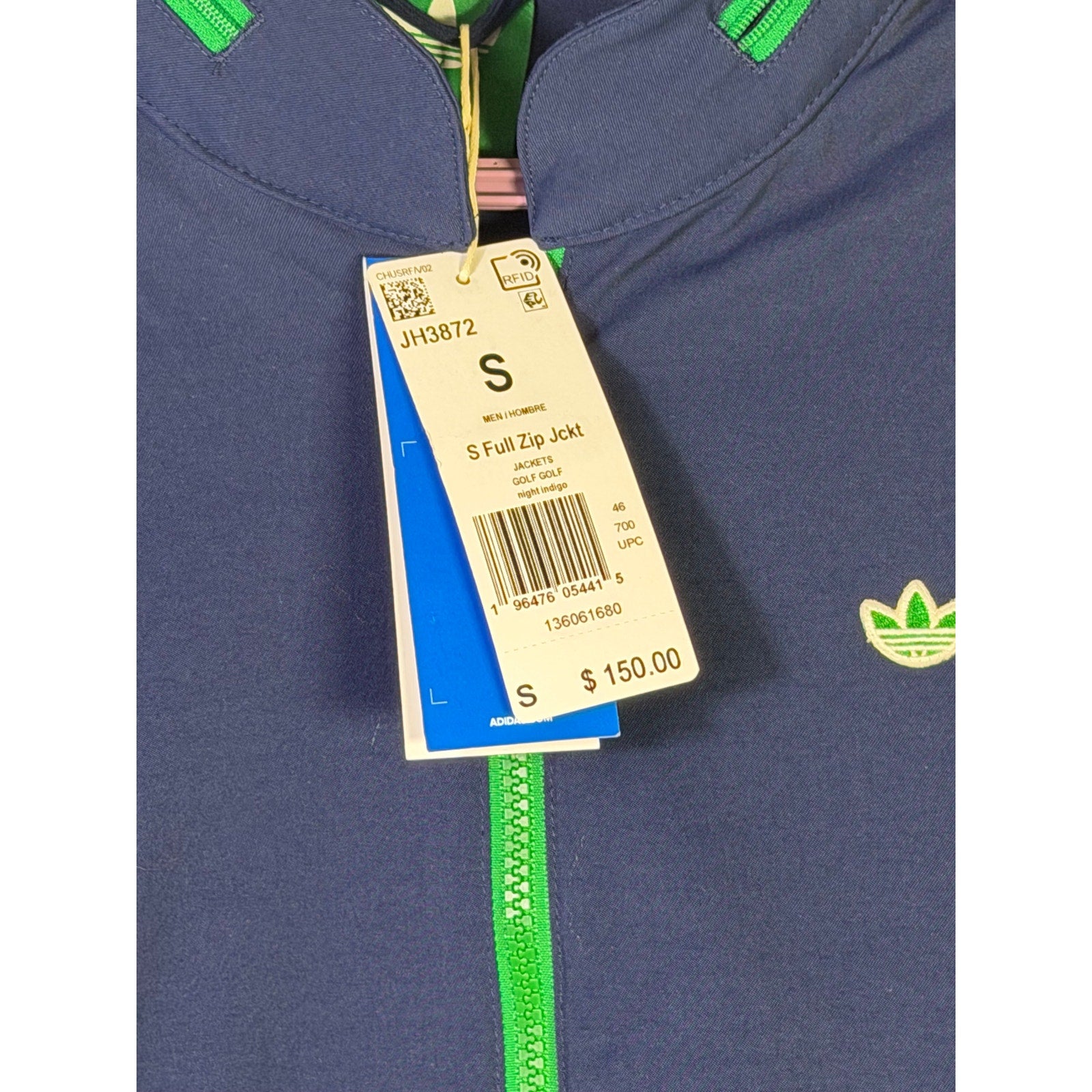 Adidas men's golf full-zip jacket in night indigo green, size small, showing front view with zipped closure and athletic fit.