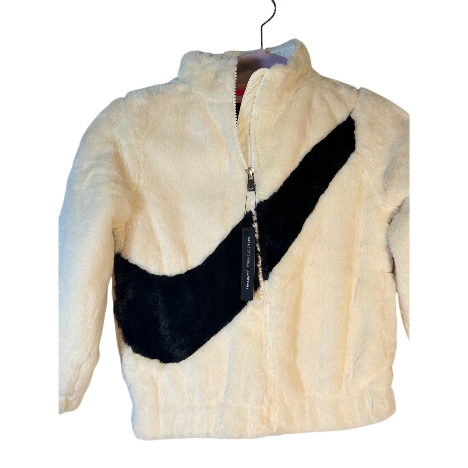 Nike Girls Faux Fur Swoosh Jacket Sail White Size 6 Full Zip NWT