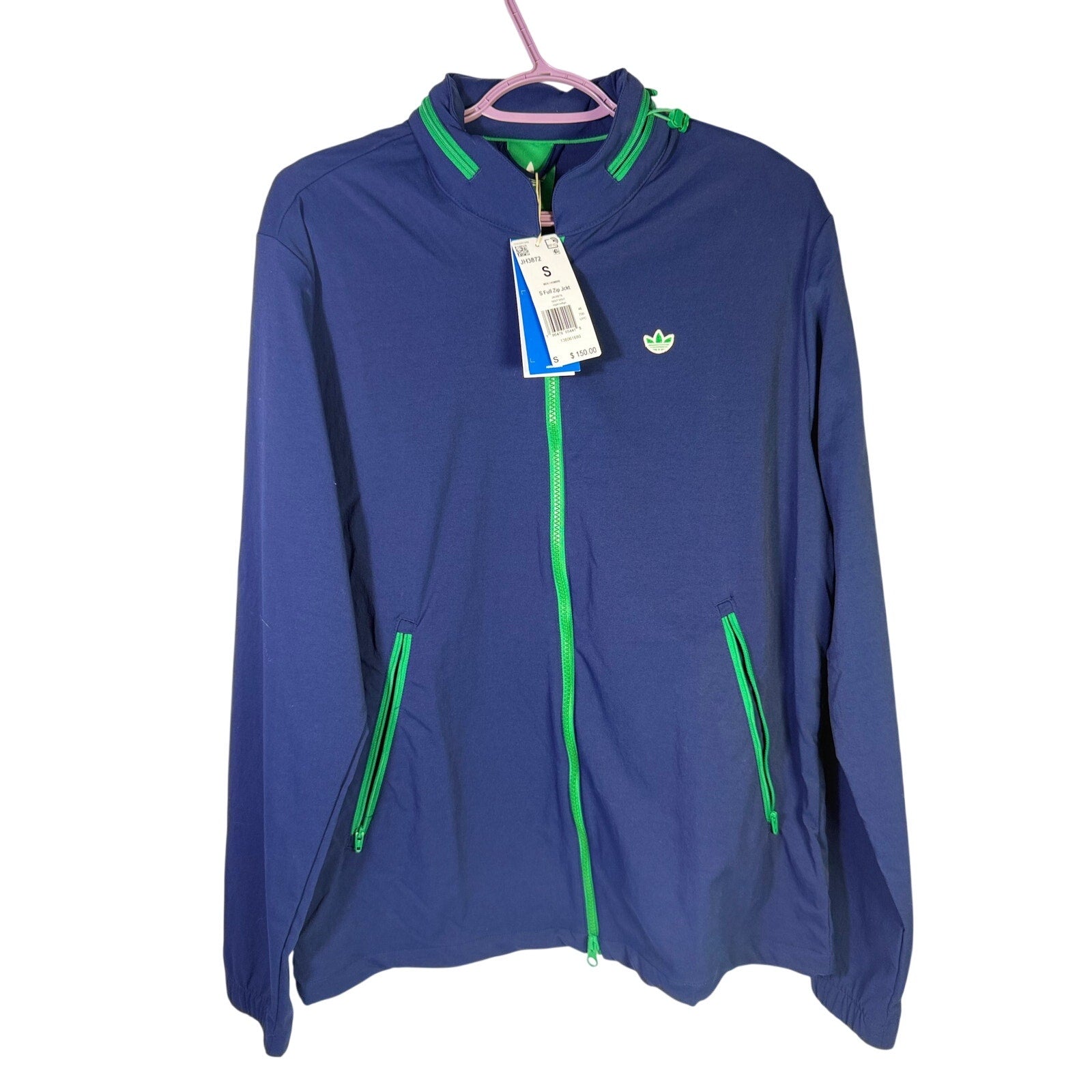 Adidas men's golf full-zip jacket in night indigo green, size small, featuring a lightweight design and full zipper front.