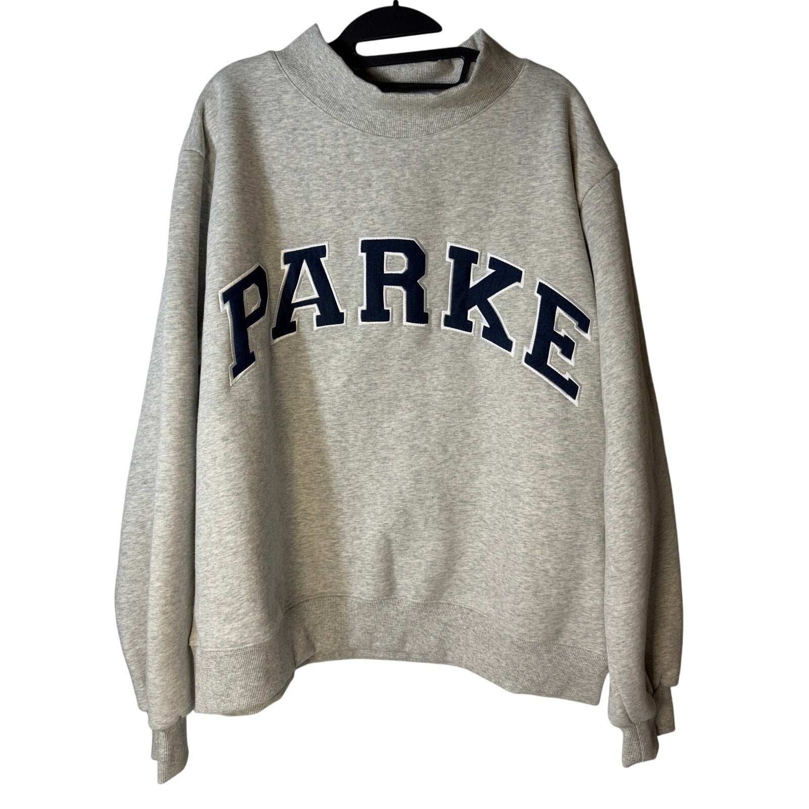 PARKE Mock Neck Sweatshirt Women's L/XL Gray Oversized Fleece Pullover Embroidered Logo