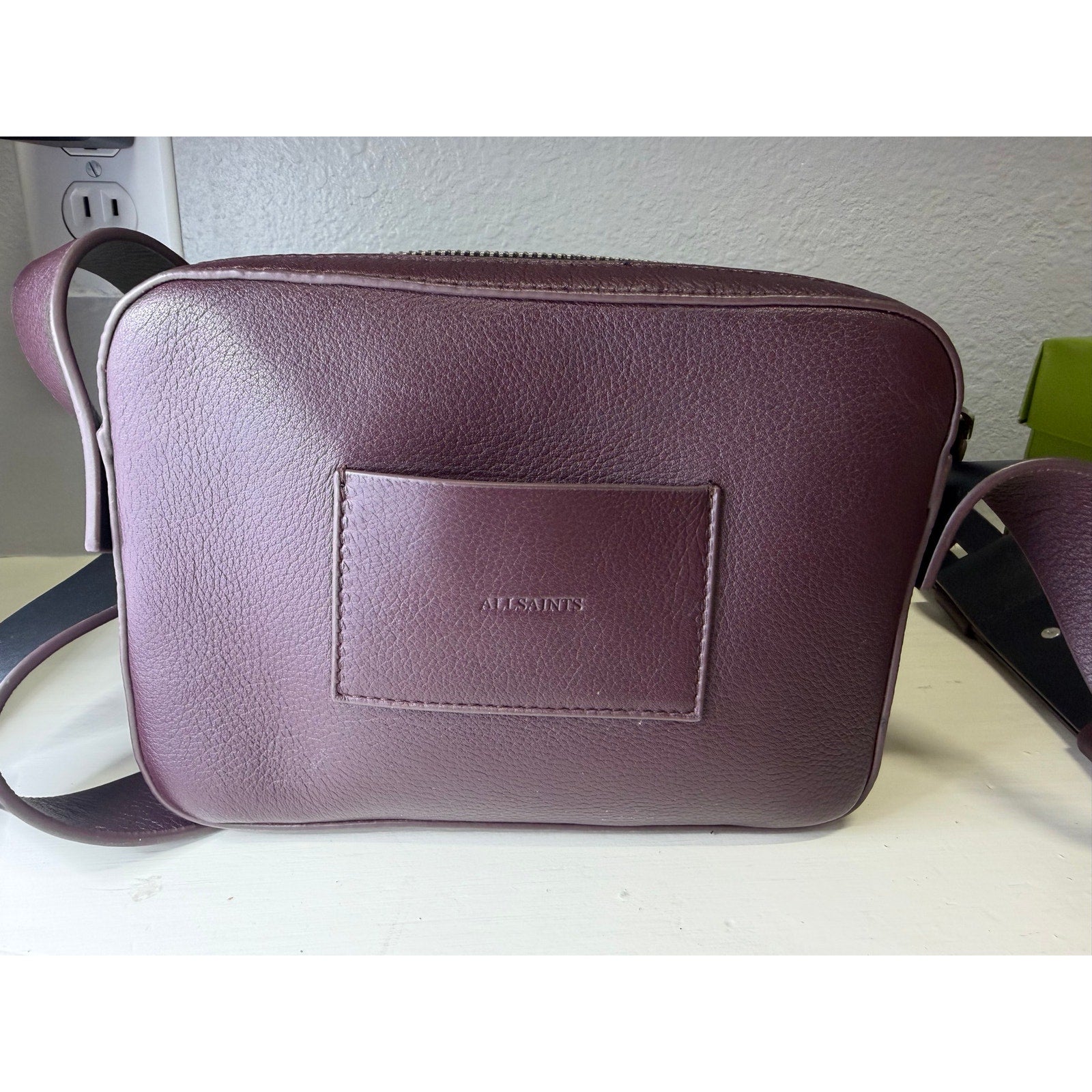 AllSaints Women’s Burgundy Pebbled Leather Camera Crossbody Bag Adjustable Strap