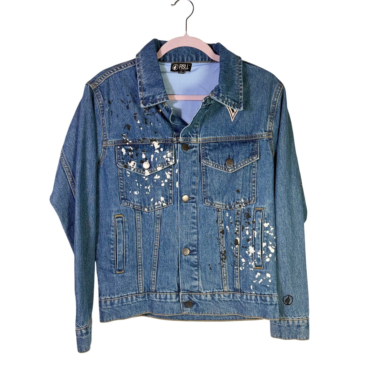 FISLL Las Vegas Aces A’ja Wilson #22 denim jacket in blue, size S, displayed with front view and classic design.