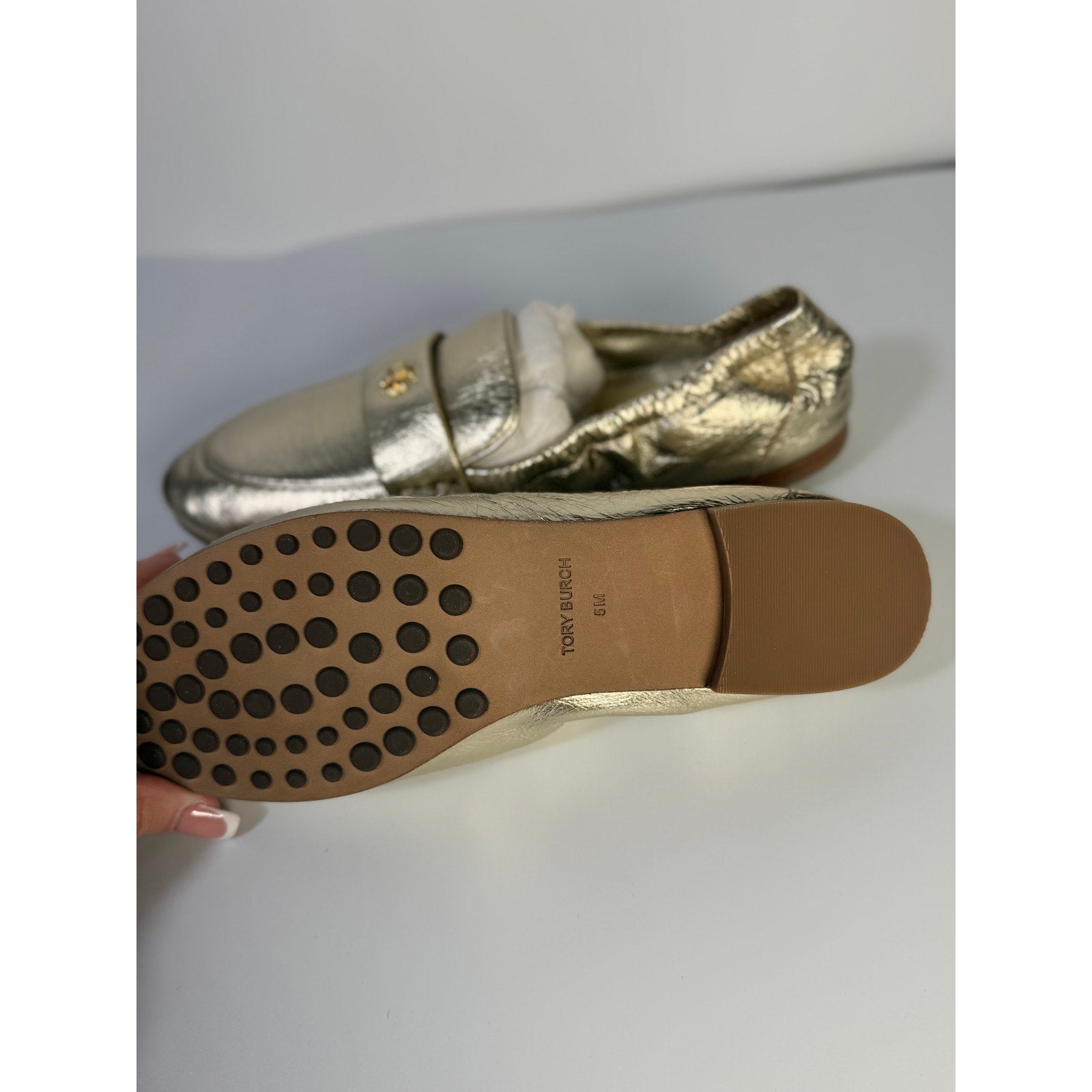 Tory Burch Women's Loafers Gold Metallic Leather Slip-On Flats Size 5M