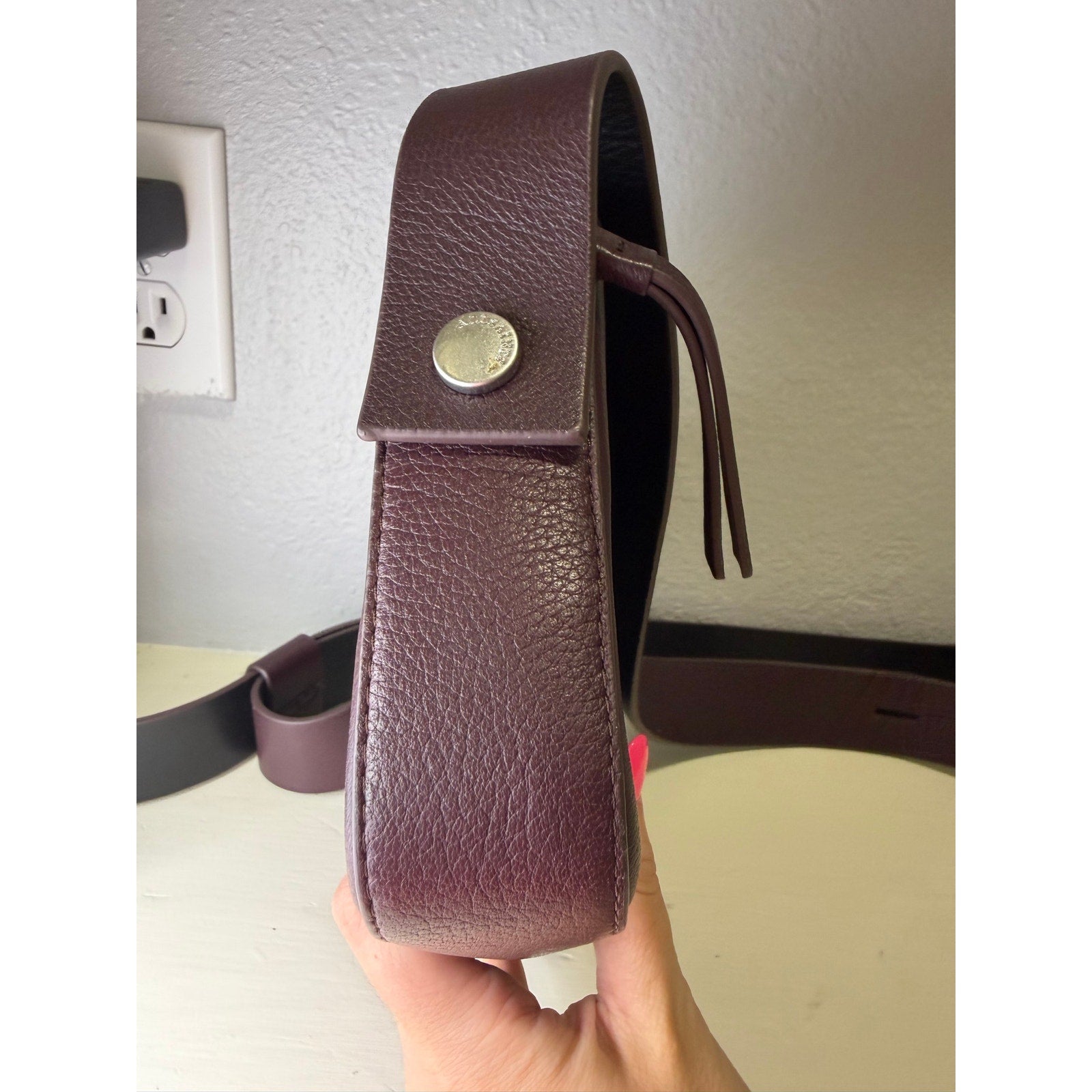 AllSaints Women’s Burgundy Pebbled Leather Camera Crossbody Bag Adjustable Strap