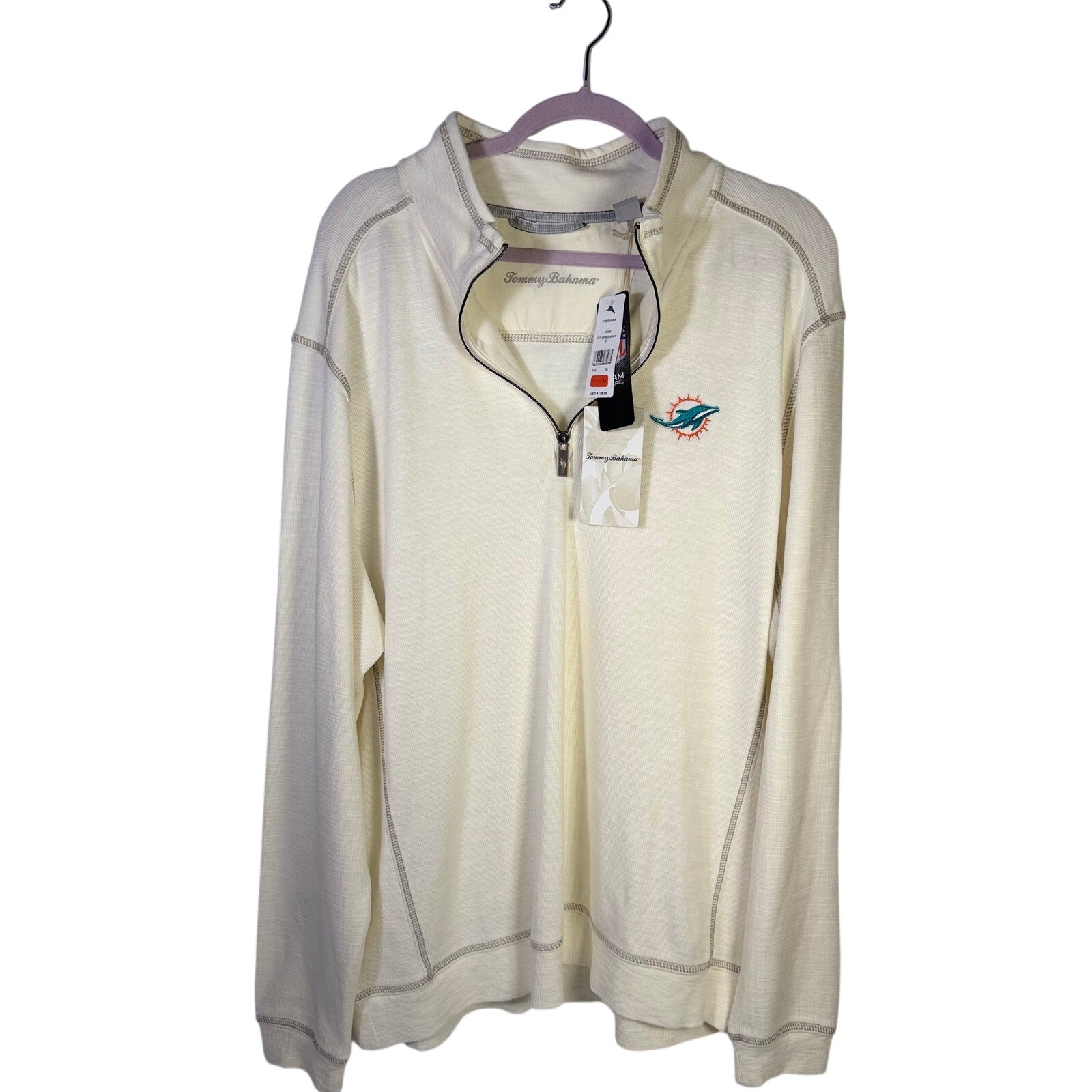 Tommy Bahama Miami Dolphins NFL Tobago Bay Half-Zip Sweatshirt Men’s XL White - close-up detail
