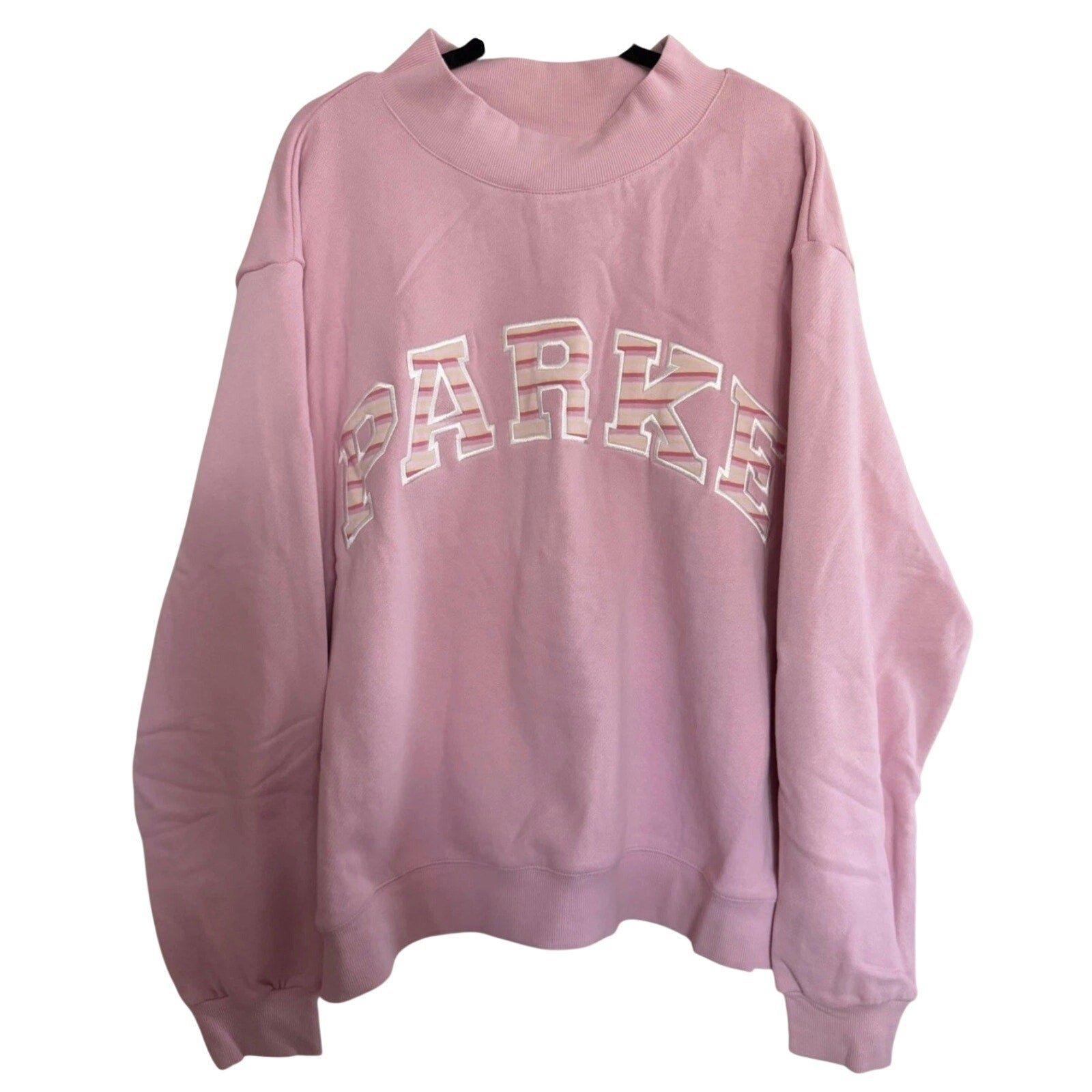 PARKE Pink Mock Neck Oversized Sweatshirt Pullover Striped Logo Appliqué Women's L/XL