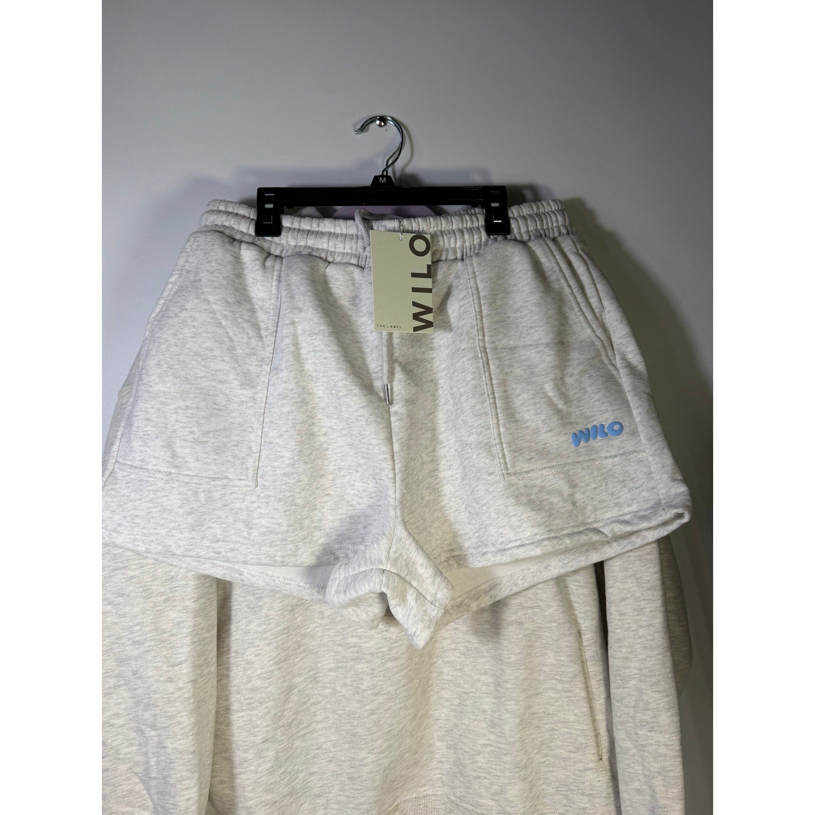 WILO The Label Women’s 2-Piece Hoodie Shorts Set White Marle Blue L NWT