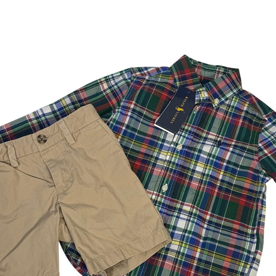 Polo Ralph Lauren Boys Plaid Shirt Khaki Chino Shorts Size 2T Outfit Set
