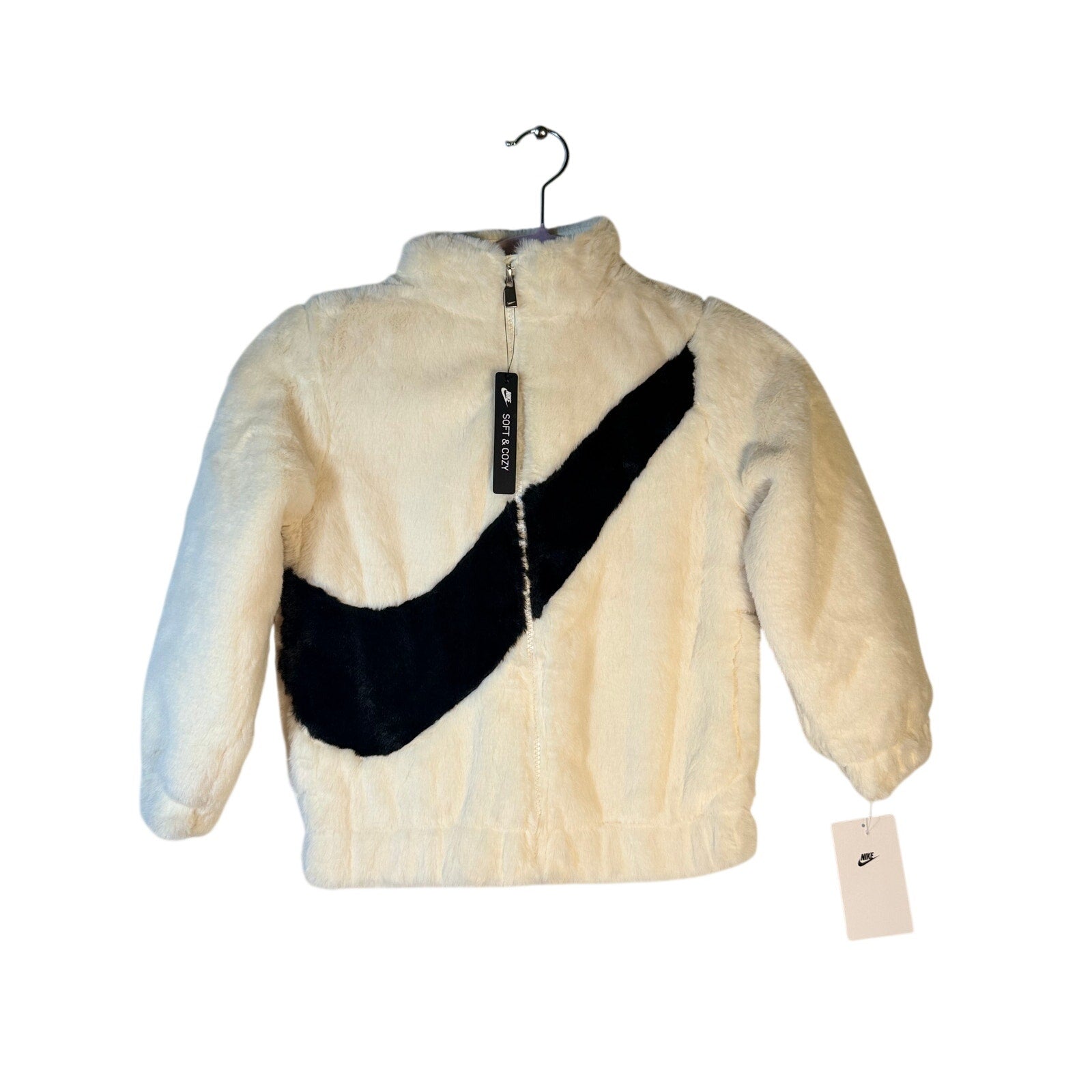 Nike Girls Faux Fur Swoosh Jacket Sail White Size 6 Full Zip NWT