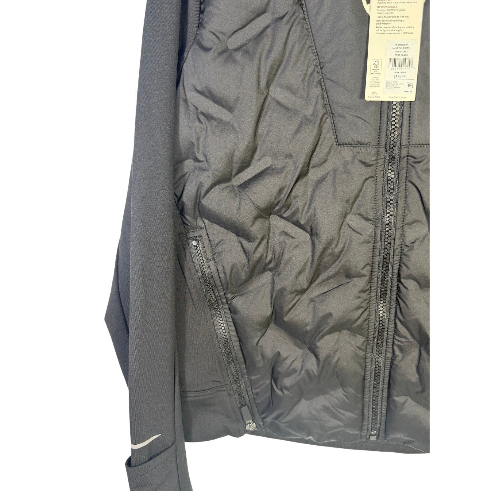CALIA Women’s Cold Dash Run Jacket in pure black, medium size, featuring a hybrid quilted design, suitable for cold weather.
