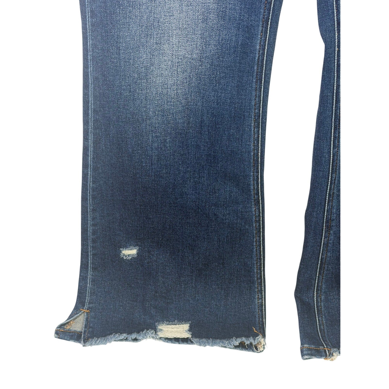 Risen Jeans women's size 13/31 dark wash distressed flare jeans, showing a fitted waist and flared leg style.