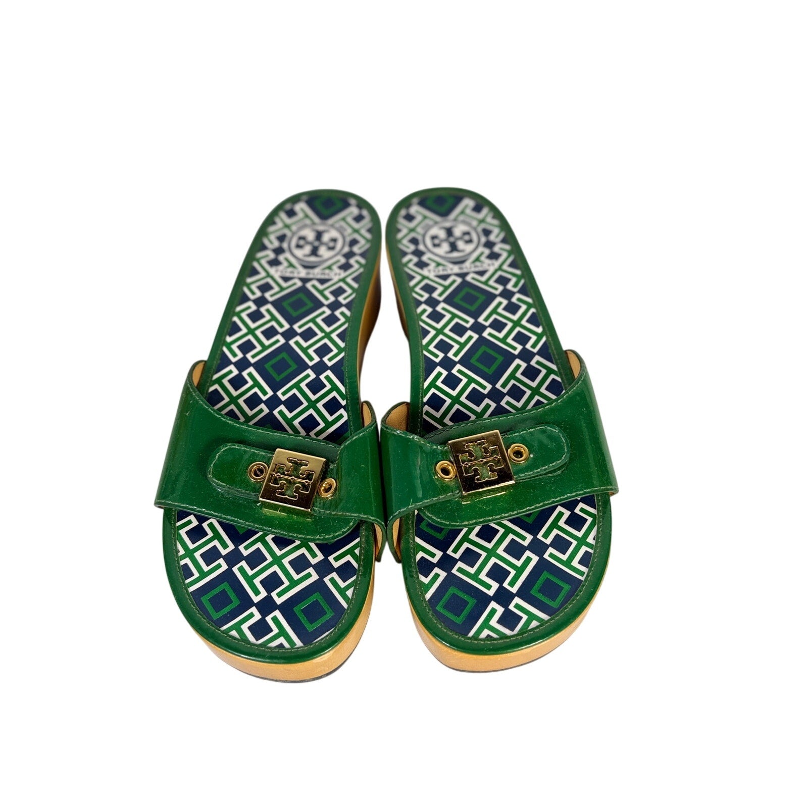 Tory Burch Green Patent Leather Slide Sandals Women's Size 8.5 Made in Brazil