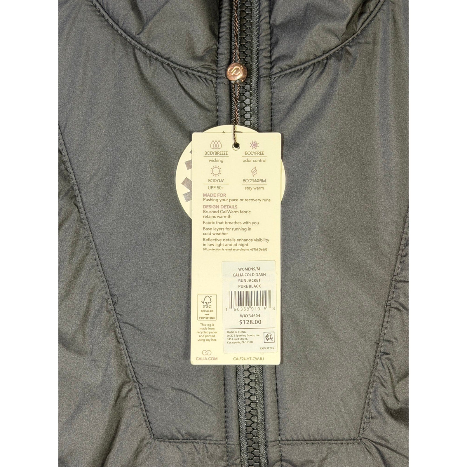 CALIA women's Cold Dash Run Jacket in pure black, size medium, featuring a lightweight, quilted, hybrid design for running.