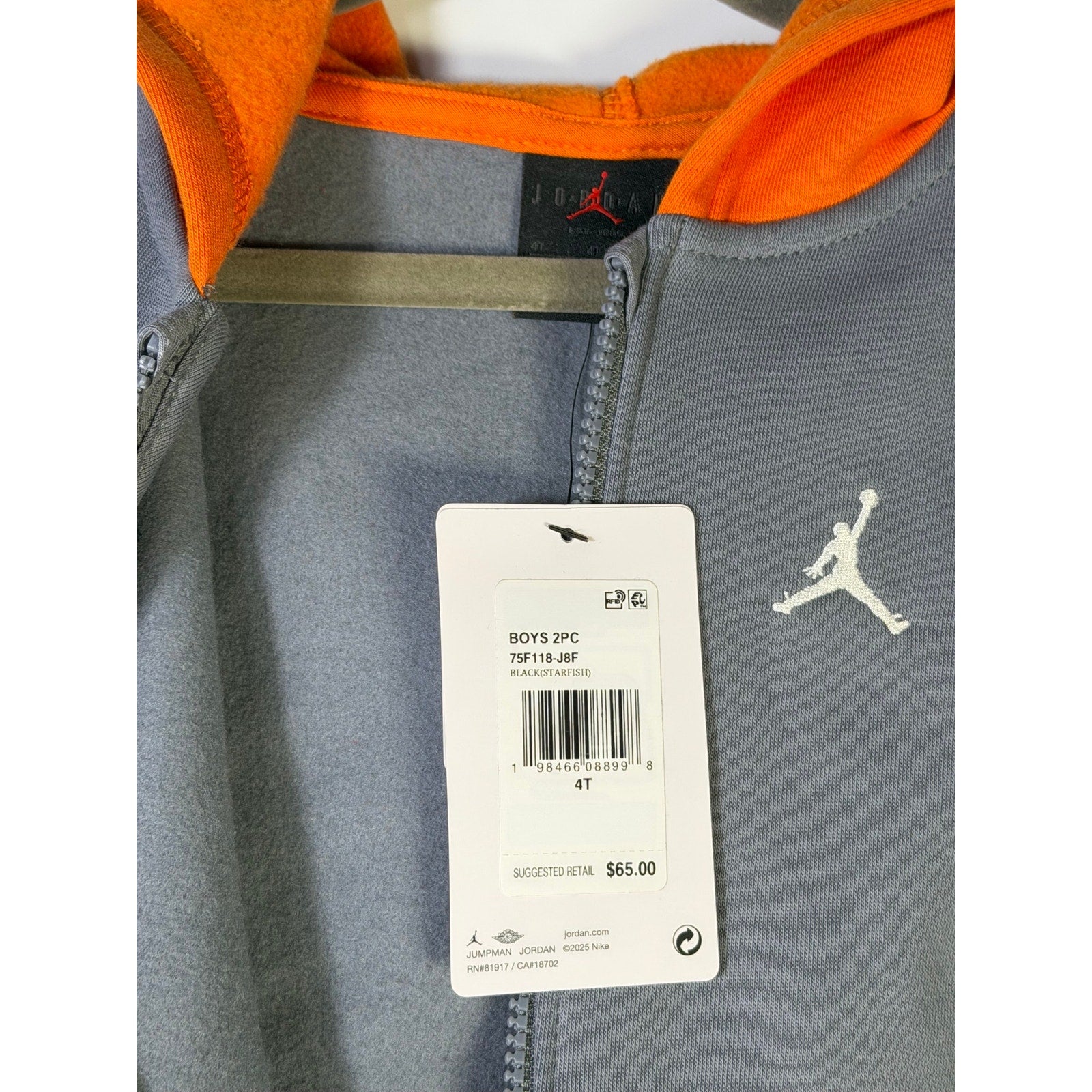 Jordan Boys 2-Piece Hoodie Jogger Pants Set Gray Black Orange Size 4T NWT
