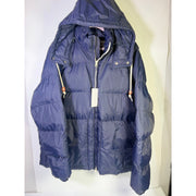 Alpine Design men's AD 1962 hooded puffer jacket in deep navy, size L, front view showing quilted insulation and hood.